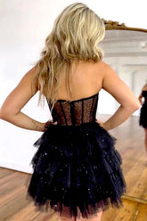 Black A-Line Strapless Short Layered Glitter Homecoming Party Dress